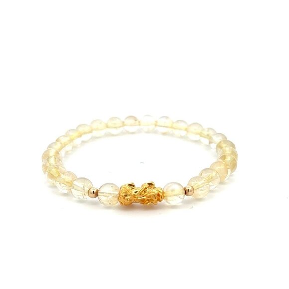 18K Gold Dragon Pixiu Piyao Lucky Charm Beads Bracelet Gemstones Citrine 6mm